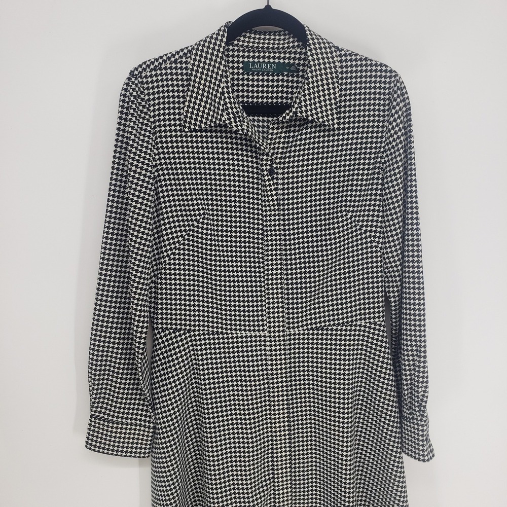 Ralph Lauren Houndstooth Fit & Flare Shirt Dress Size 10 Black White Long Sleeve - Picture 5 of 9
